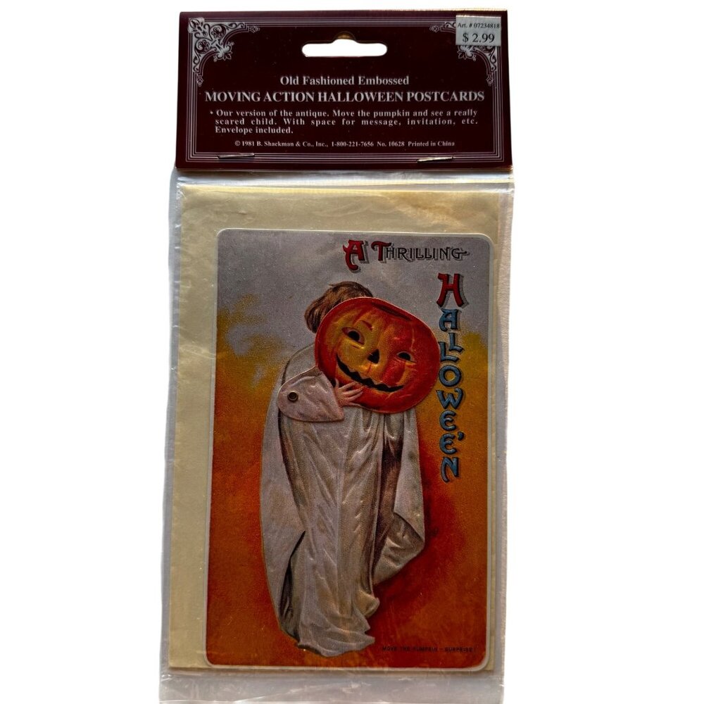 Old Fashioned Embossed Moving Action Halloween Postcard Pumpkin Mask & Envelope